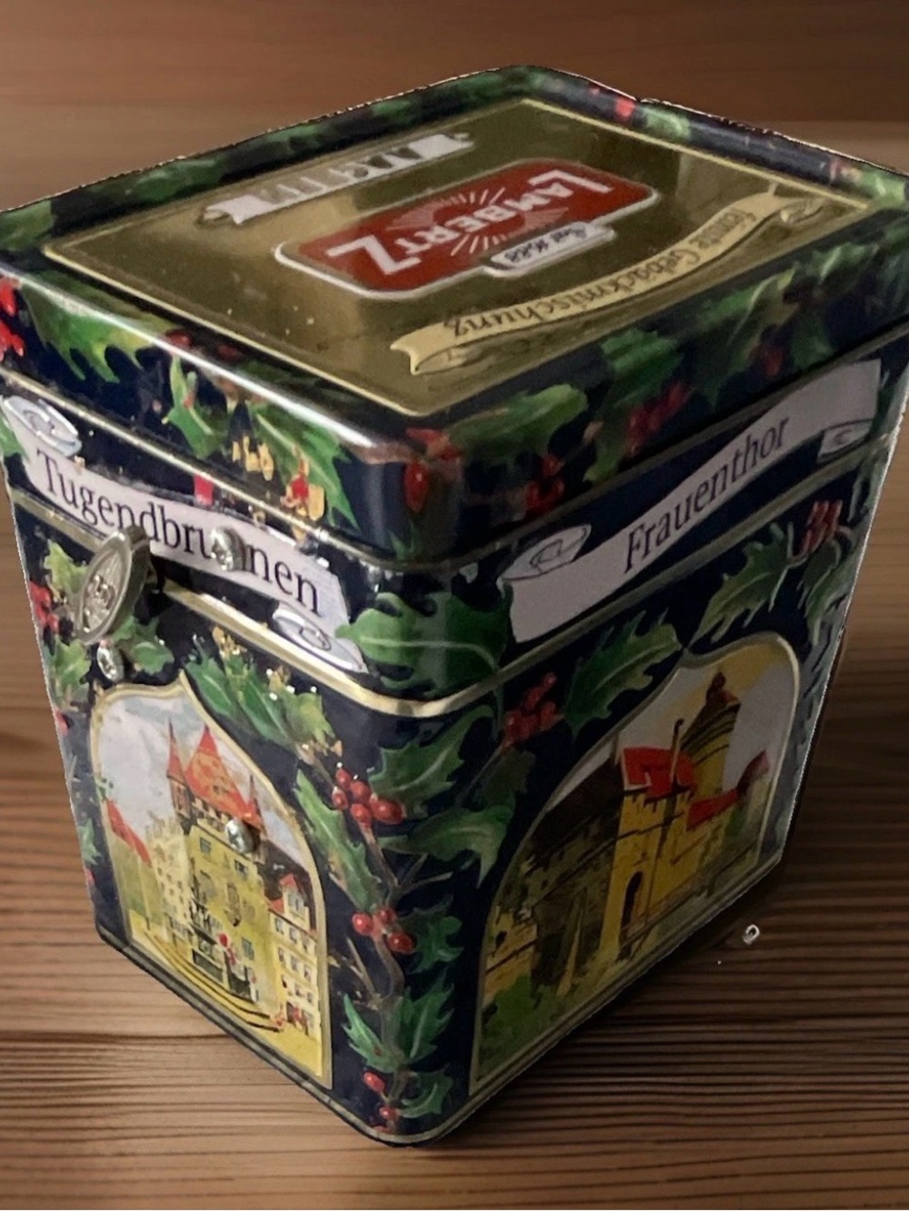 Vintage Lambertz Aachen Musical Cookie Tin Burg vom Hallertor Germany Music Box